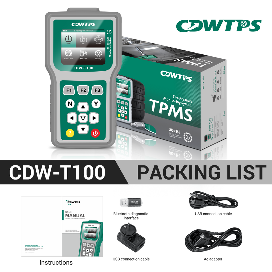 CDWTPS T100 TPMS tool, activation scan 315+433 sensors, TPMS programming, OBD relearning/activation, clear TPMS DTC, lifetime free updates