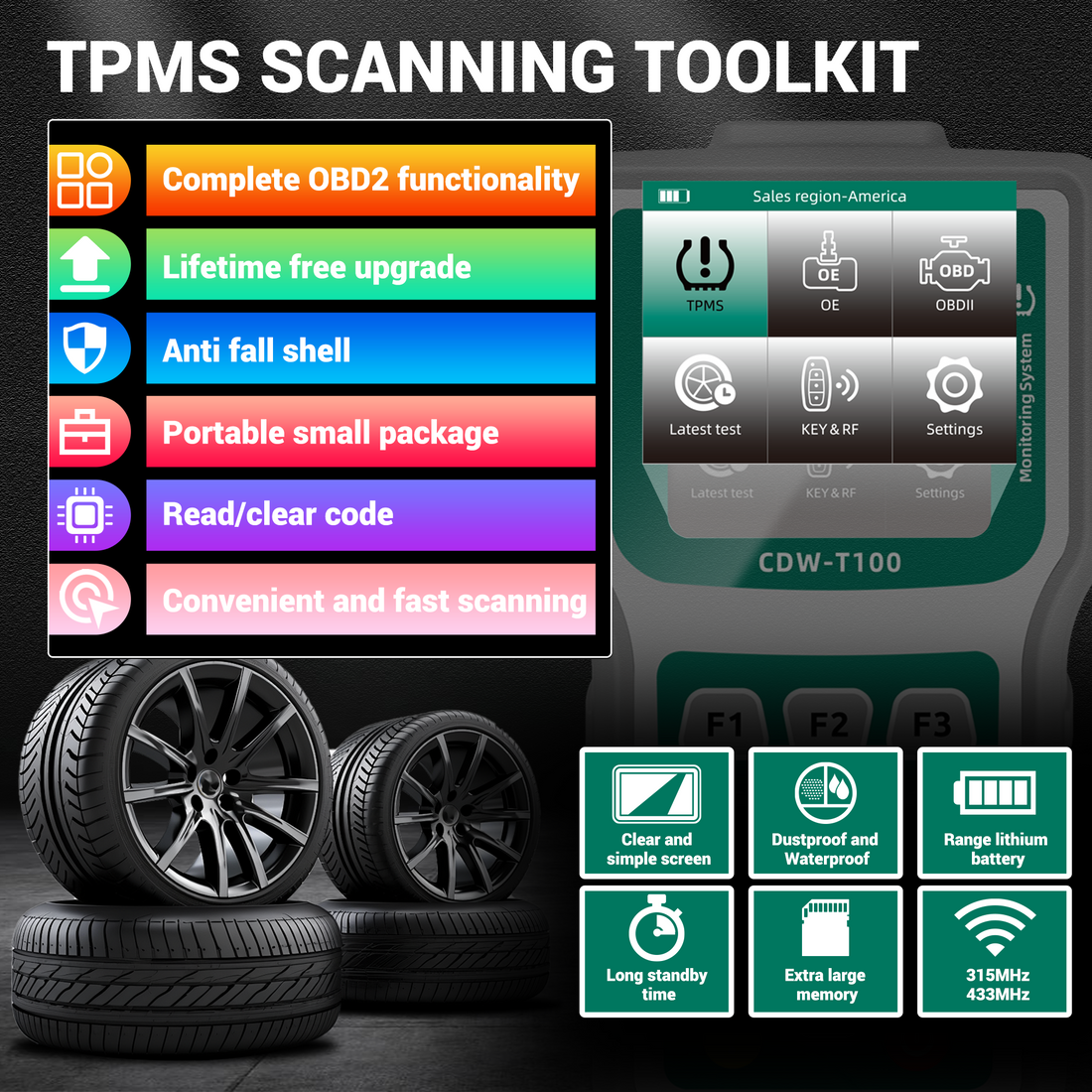 CDWTPS T100 TPMS tool, activation scan 315+433 sensors, TPMS programmi ...