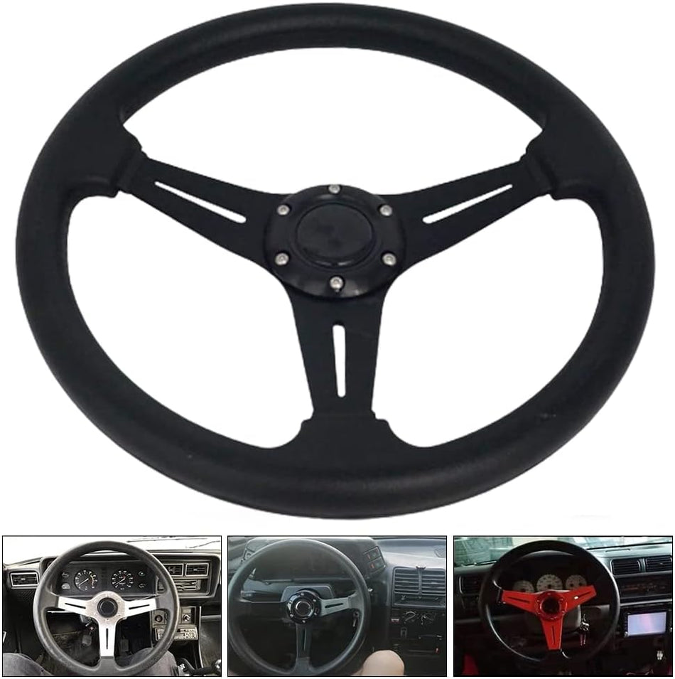 CDWTPS 13.8” Auto Racing Steering Wheel Flat Drifting 6 Bolts Car Sport Steering Wheel Pu Leather and Aluminum Spokes with Horn Button