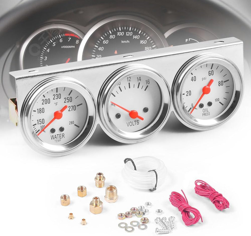 CDWTPS 2inch 52MM Triple Gauge kit Volt Meter Water Temp Temperature Gauge Oil Press Pressure Gauge Car Meter Triple Gauge Set