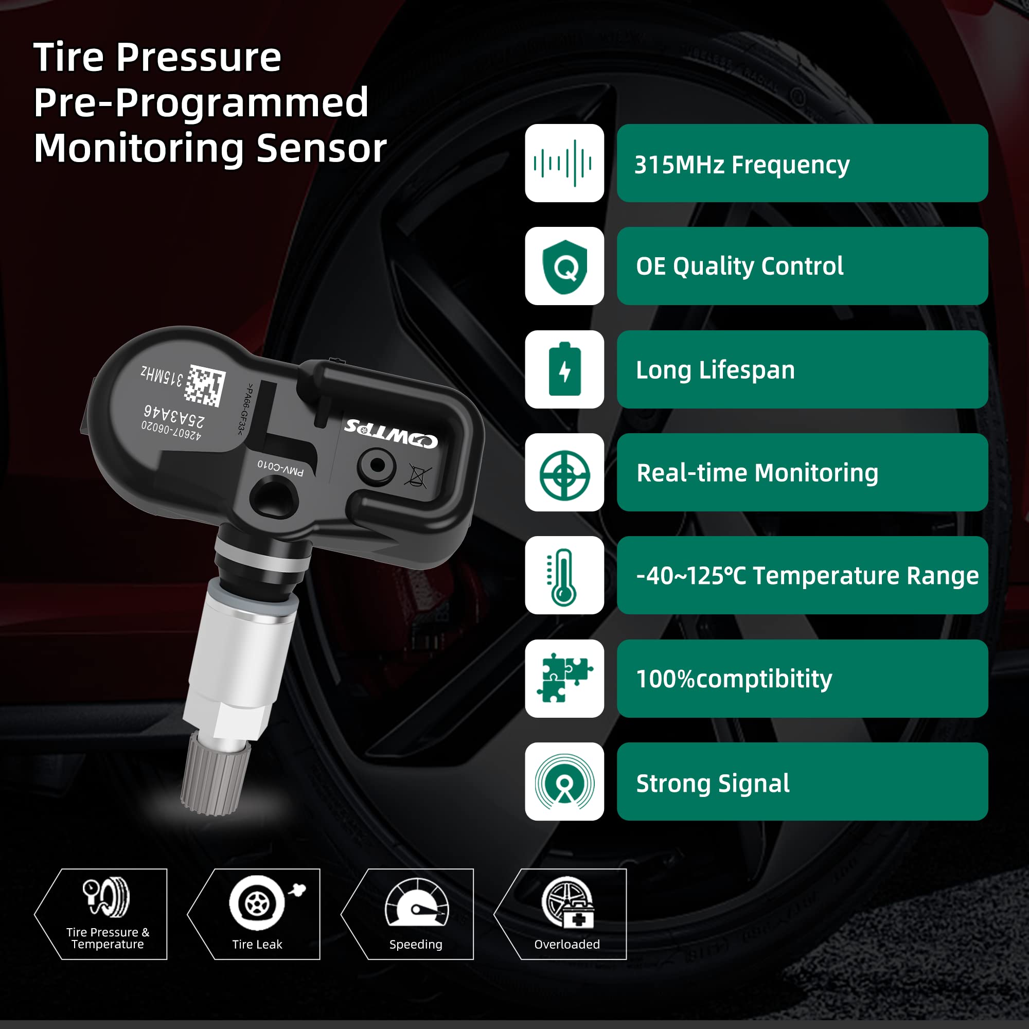 TPMS Sensor,315MHZ Tire Pressure Monitor System 4-Pack for