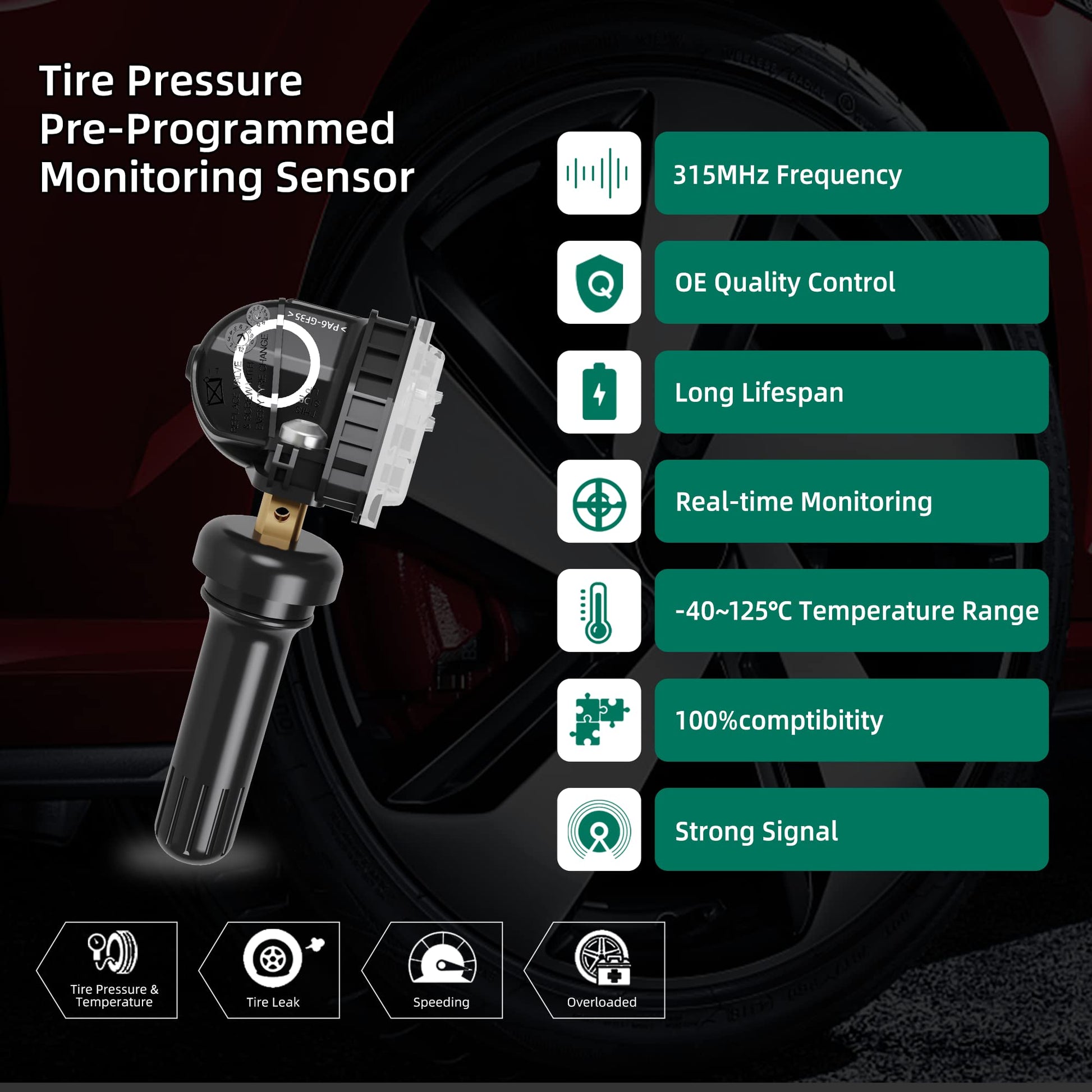 JWEELY TPMS Sensors 315MHz - 4-Piece Tire Pressure Monitor Set For Ford & Lincoln Vehicles 2018-2024