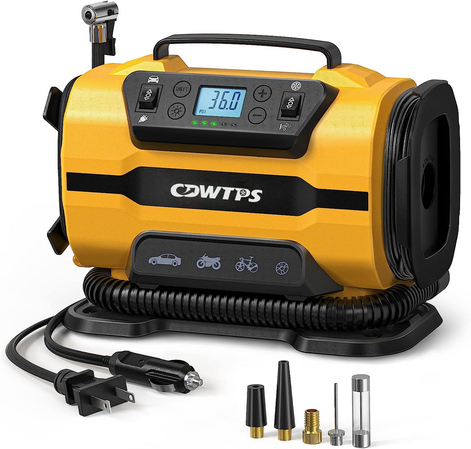 CDWTPS Tire Inflator Portable Air Compressor Pump 150PSI 12V DC/110V AC with Dual Metal Motors &LED Light， Automotive Car Accessories&Two mode for car, bicycle tires and air mattresses, Orange