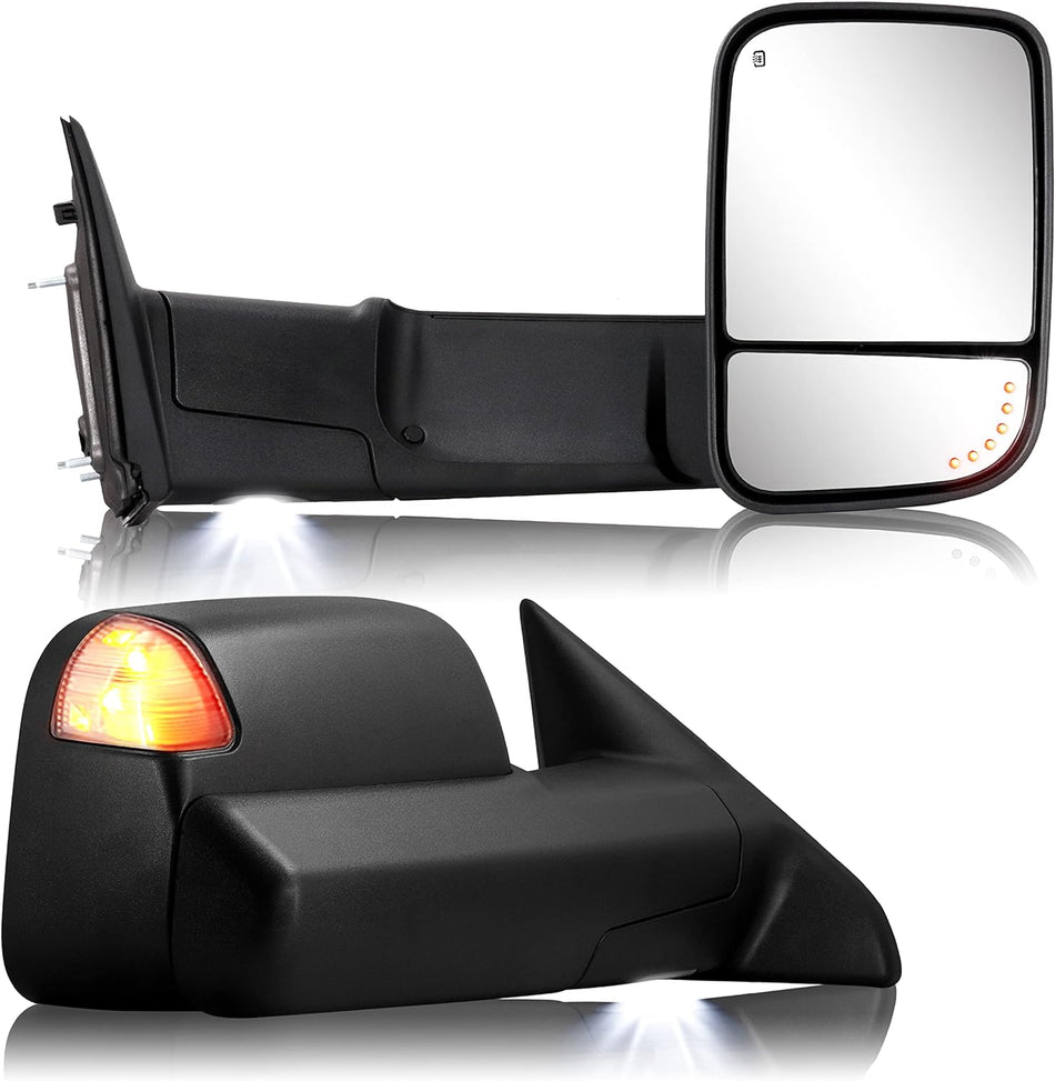 Towing Mirror for Dodge Ram - Replacement fit for 2009-2018 Dodge Ram 1500 2500 3500 Pickup Truck with Power Adjusted Glass Heated LED Turn Signal Light Puddle Lamp Temp Sensor Flip Up Pair Set