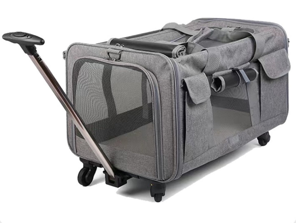 Cat Carrier, Dog Carrier with Wheels, Pet Carrier for Pet with Telescopic Walking Handle,Easy to Fold,Grey